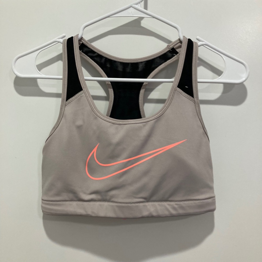 Nike Dri-FIT Sports Bra Taupe Gray Neon Pink Swoosh Racerback Mesh Small